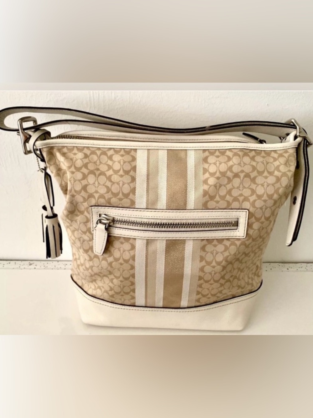 Coach Legacy Beige Signature Canvas Shoulder Bag with Cream Trim
